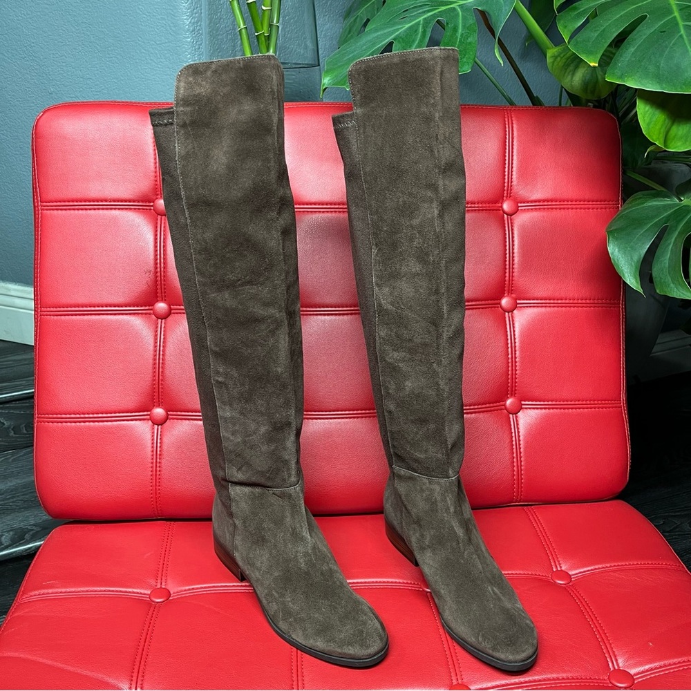 LUCKY BRAND Calypso Brown Suede OTK Boots Sz8.5 NWOB Stretch Panel StepShaft Top - Picture 12 of 14
